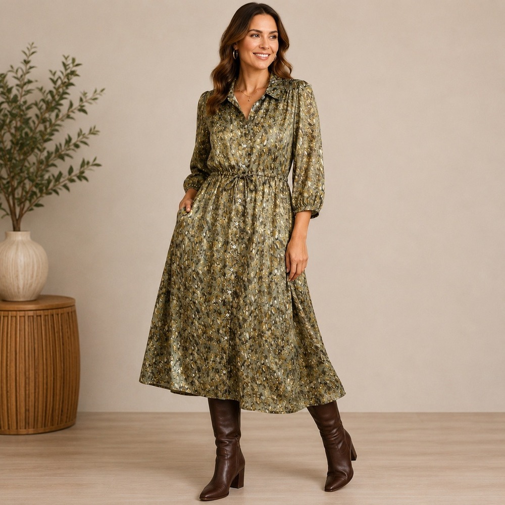Esqualo Metallic Leopard Print Midi Shirt Dress Green Gold Size 14 NWT